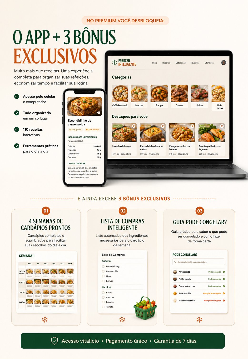 App Freezer Inteligente Premium com 3 bônus exclusivos: 4 Semanas de Cardápios Prontos, Lista de Compras Inteligente e Guia Pode Congelar